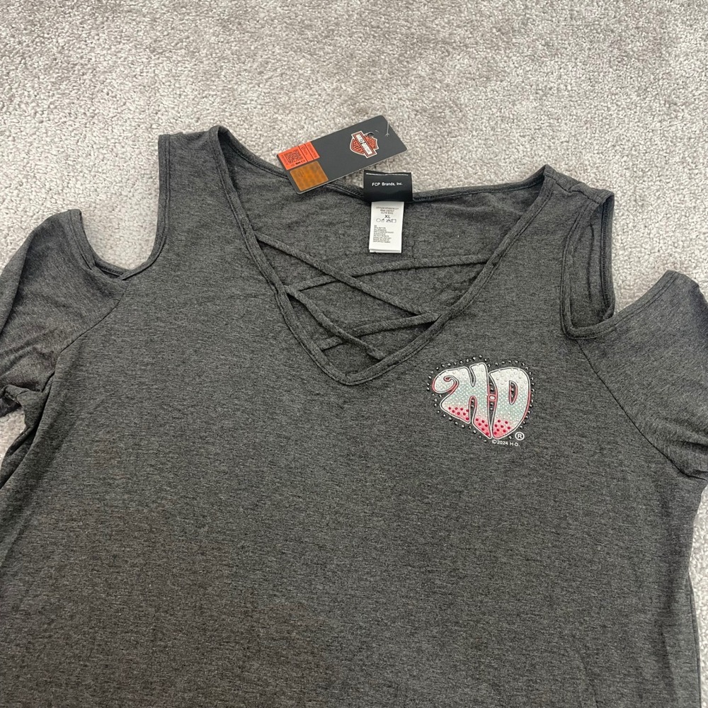 Harley Davidson Top Womens Extra Large Y2K Rhinestone Cut Outs Cold Shoulder NWT